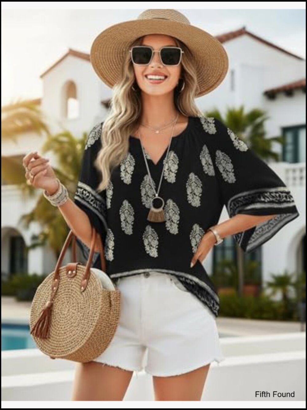 Boho V-Neck 3/4 Sleeve Blouse Tunic Loose Fit Peasant Top - Picture 5 of 7